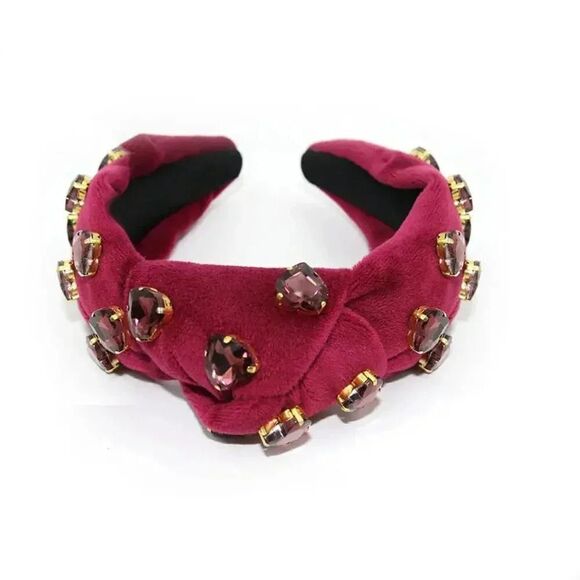 BURGUNDY VELVET KNOTTED HEADBAND WITH HEART-SHAPED CRYSTALS - Picture 4 of 4